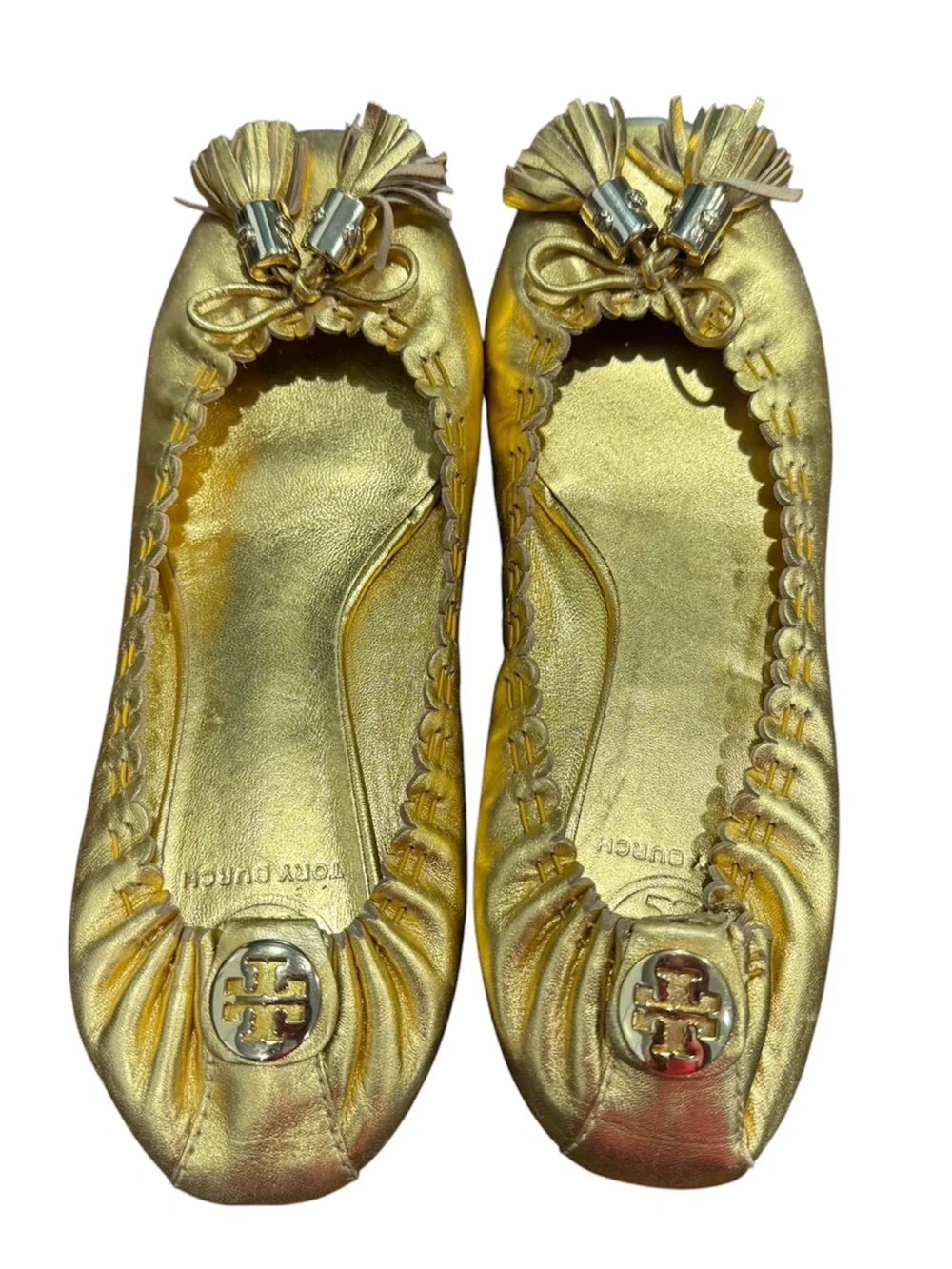 Tory Burch Reese Ballet Flats Gold Metallic Tassel Logo Shoes Size 7.5